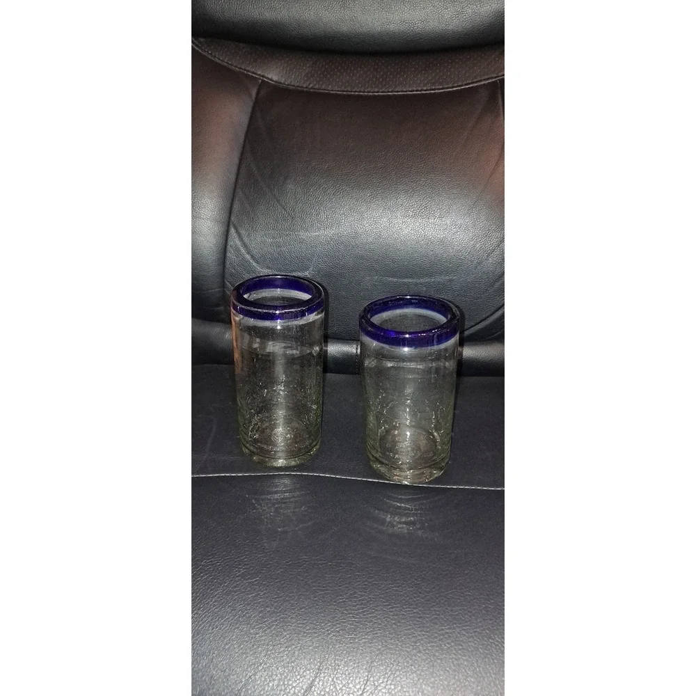 2 Hand‎ Blown Mexican Blue Rim Glasses
